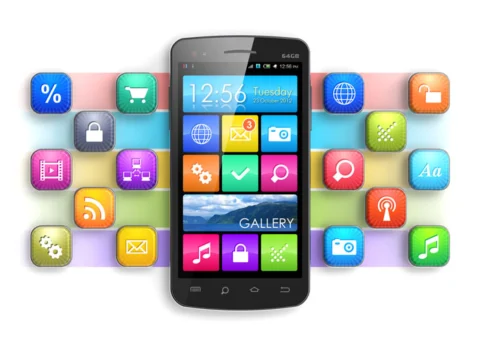 Smartphone surrounded by colorful app icons