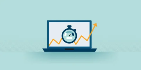 Illustration of a laptop with a stopwatch and rising arrow showing improved speed