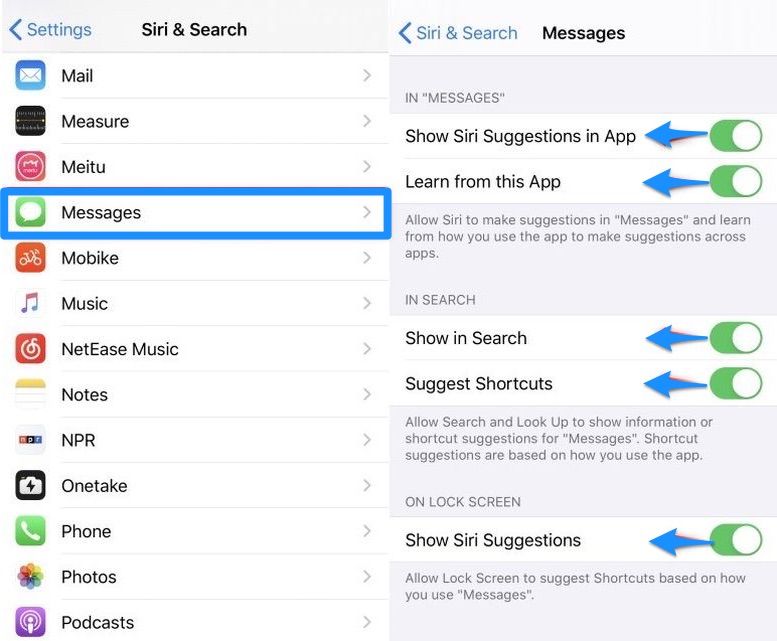 messages indexing issue in iphone siri and search