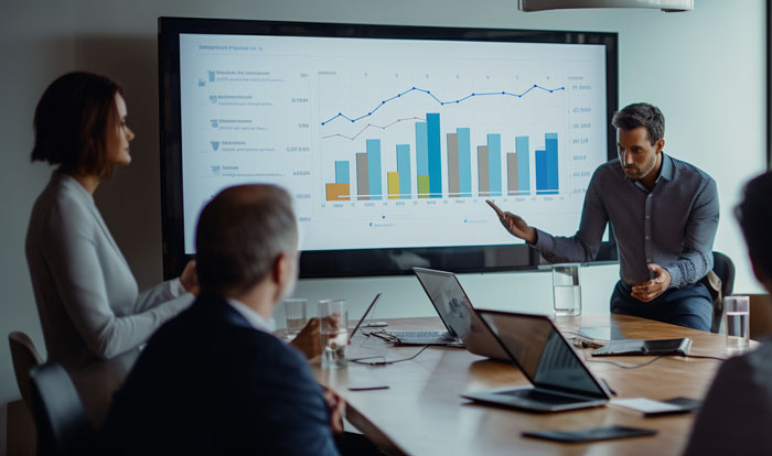 A team in an office using a column chart during a meeting