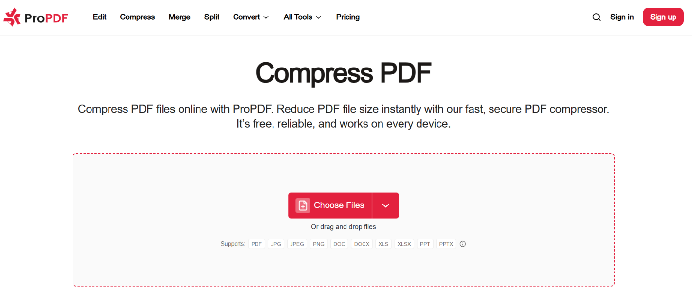 ProPDF online Compress PDF tool upload screen